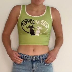 Tunnel vision black and white cats green graphic crop top with lace trim